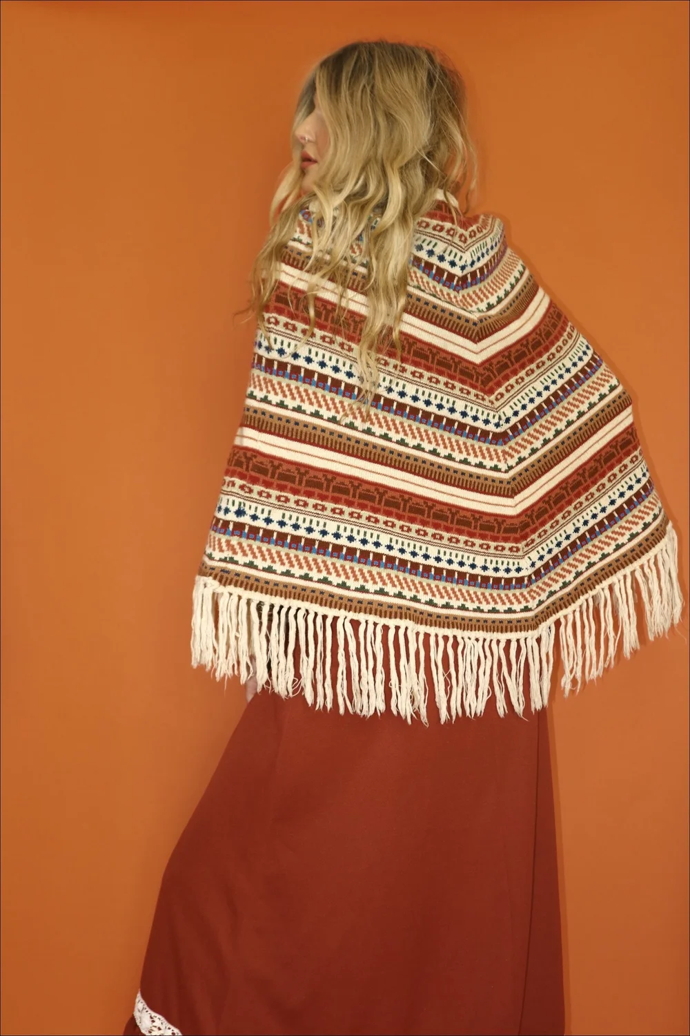 VINTAGE 60s 70s FOLK STRIPED FRINGED KNIT PONCHO CAPE HIPPIE
